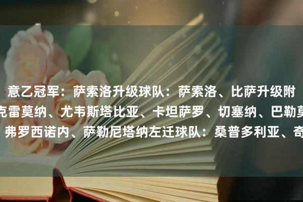 意乙冠军：萨索洛升级球队：萨索洛、比萨升级附加赛球队：斯佩都亚、克雷莫纳、尤韦斯塔比亚、卡坦萨罗、切塞纳、巴勒莫保级附加赛球队：弗罗西诺内、萨勒尼塔纳左迁球队：桑普多利亚、奇塔德拉、科森察意乙积分榜↓    体育录像/图片