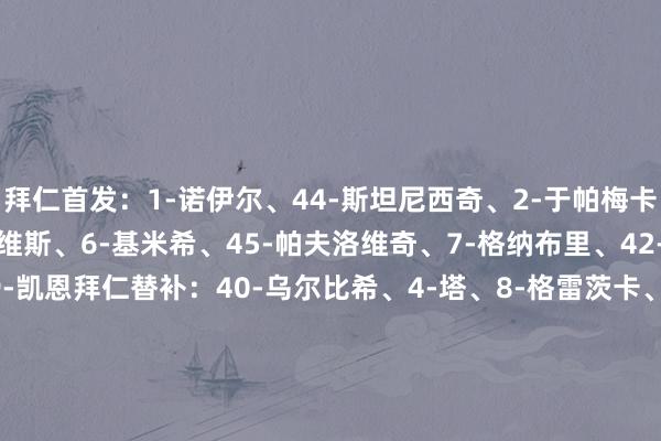 拜仁首发:1-诺伊尔、44-斯坦尼西奇、2-于帕梅卡诺、3-金玟哉、19-戴维斯、6-基米希、45-帕夫洛维奇、7-格纳布里、42-卡尔、17-奥利塞、9-凯恩拜仁替补:40-乌尔比希、4-塔、8-格雷茨卡、10-穆西亚拉、11-杰克逊、14-迪亚斯、20-比朔夫、21-伊藤洋辉、23-博伊汉堡首发:1-霍伊尔·费尔南德斯、8-丹尼尔·埃尔法德利、44-武什科维奇、24-卡帕尔多、28-穆海姆、21-伦伯格、6-洛孔加、2-迈克布伦西斯、20-法比奥·维埃拉、18-贾塔、11-柯尼希斯多费尔汉堡替补:12-桑德·唐维克、37-路易斯·勒姆克、25-托鲁纳里格哈、17-奥马里、16-戈乔利什维利、39-奥马尔·梅吉德、10-费莱伊、14-拉扬·菲利普、9-格拉策尔【赛前信息】 体育集锦